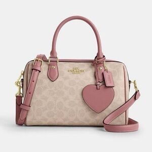 Coach Rowan Satchel Bag In Signature Canvas With Heart Charm CDB21 Sand/Peony